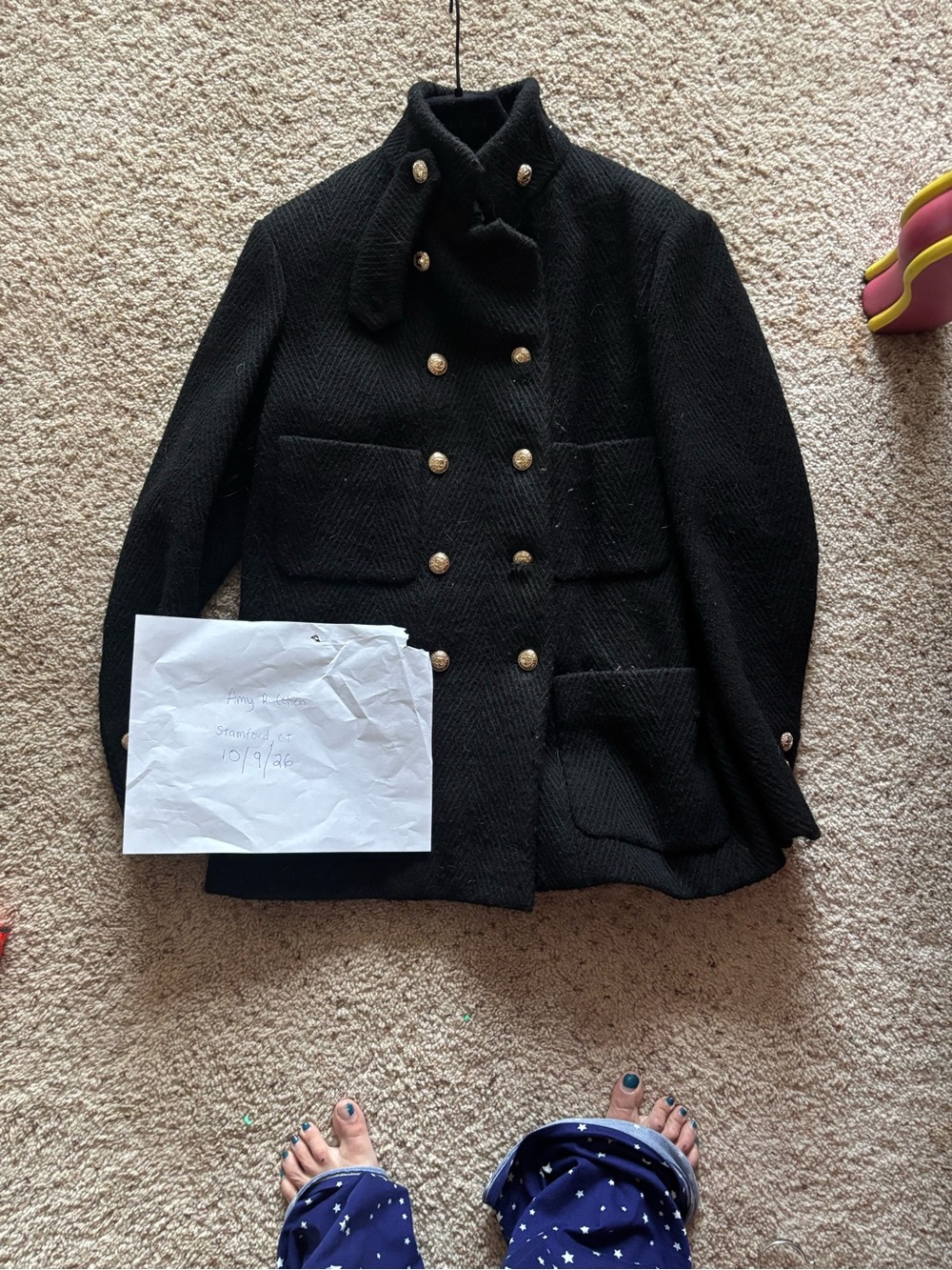 Chanel Black Tweed Herringbone Pea Coat with Gold CC Buttons Wool size 42